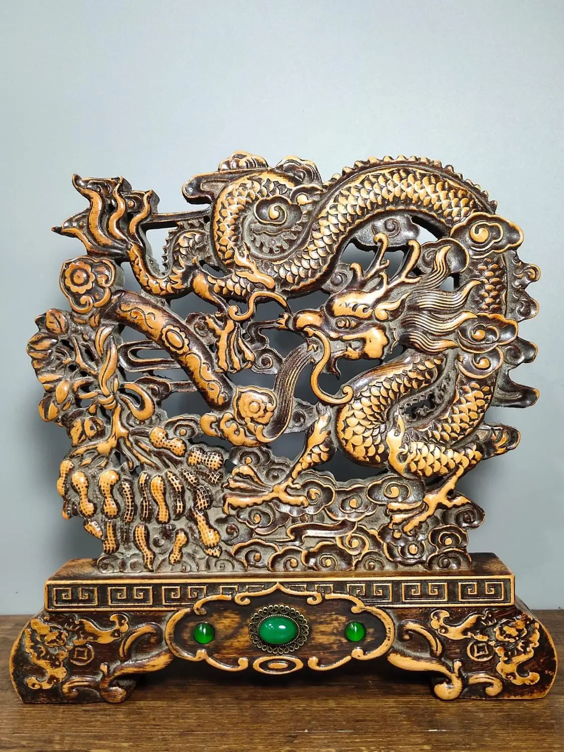

10" China Collection Old Boxwood gem Chinese dragon statue screen Dragon play bead wood carving Dragon Prosperity Wishful life