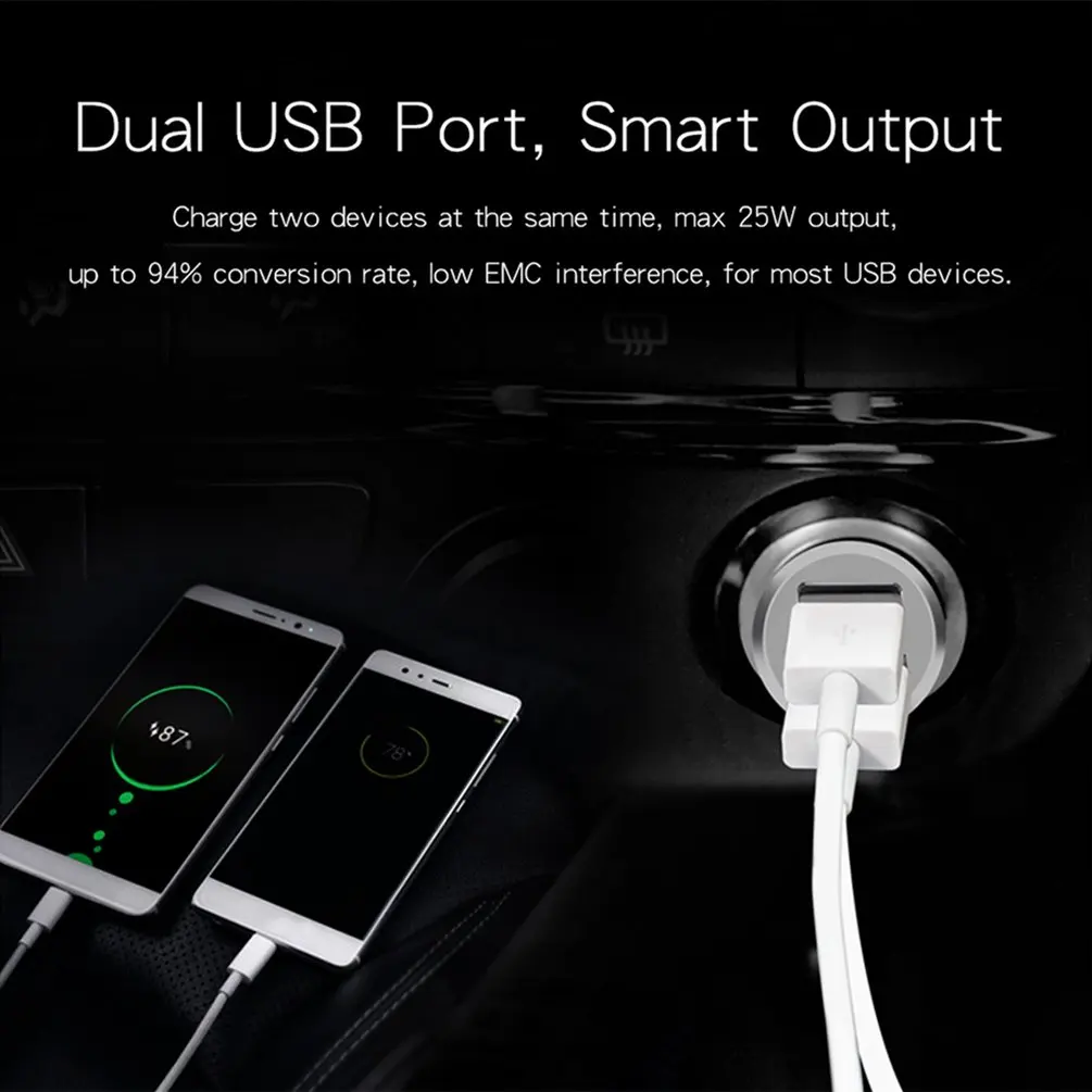 

Mini Dual USB Interface Vehicle Auto Car Charger LED Indicator Light Aluminum Charging Adapter Universal For Mobile Phone