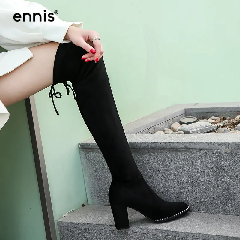 ENNIS Women Over The Knee Boots Pointed Toe Winter Boots High Heel Knee High Boots Slim Fit Autumn Flock Shoes Fashion L934