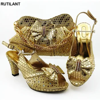 

Latest Design African Shoe and Bag Set Decorated with Rhinestone Decorated with Appliques Slip-On Square Heel Slingbacks