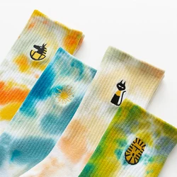 Egyptian Cute Cartoon Cat Sun Embroidered Logo Color Tie Dye Socks for Men Women Unisex
