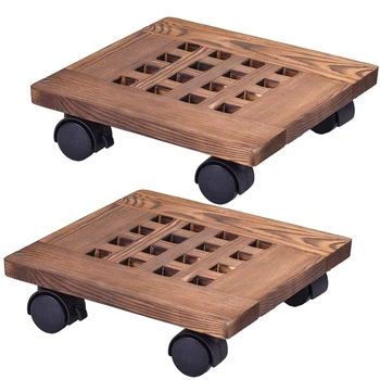 

2Pcs Wooden Flower Pot Rack Removable Tray Plant Stand with Wheel Base Planter Flower Pot Mobile Trolley Board Frame Garden Home
