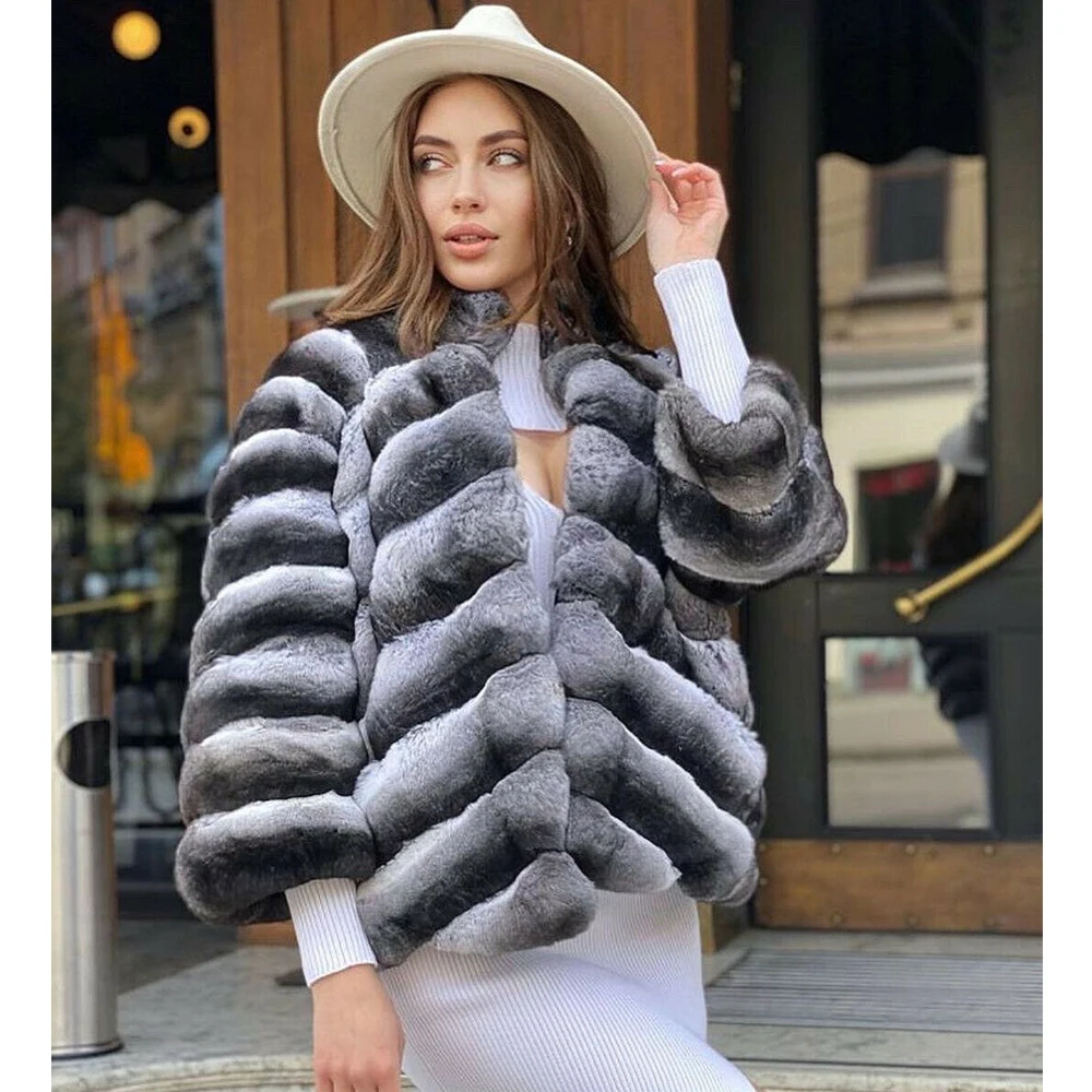 Luxury Women Real Fur Coat V-neck Winter Fashion Chinchilla Color Trendy Rex Rabbit Fur Jacket Female Thick Warm Fur Overcoats