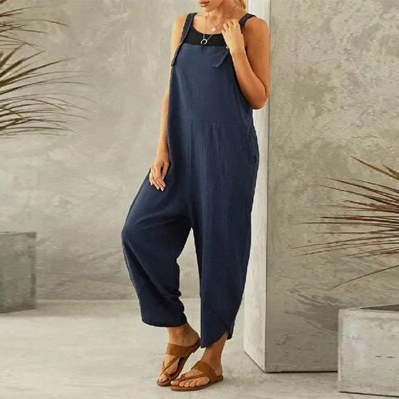 

Loose Spaghetti Straps Solid Playsuits VONDA Vintage Women Autumn Jumpsuits 2020 Casual Sexy Sleeveless Rompers Work Overalls