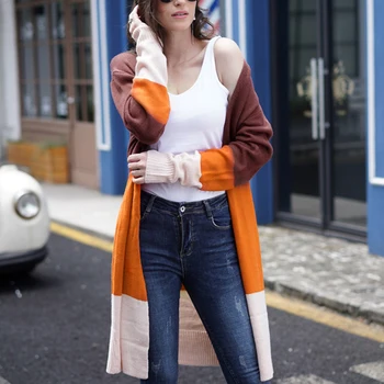 

Women Autumn Sweater Long Coat Women Long Sleeve Patchwork Knitted Open Front Cardigan Coat Women casaco feminino 2019