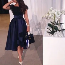 

2018 short sleeves tea length robe de soiree prom custom made black and blue party gown vestidos de festa bridesmaid dresses