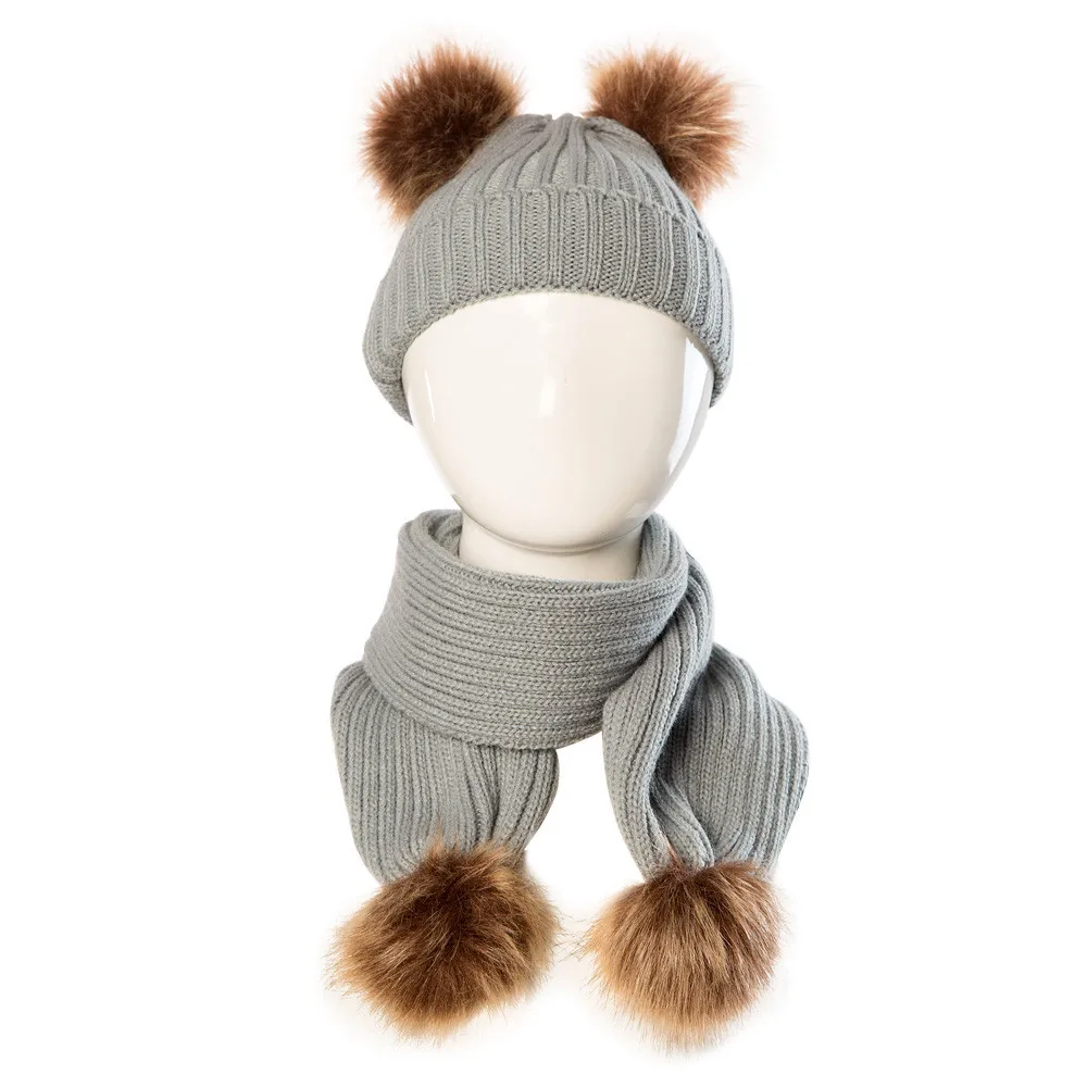 Новая зимняя вязаная шапка с натуральным енотом для маленьких девочек и мальчиков, комплект с шарфом и меховым помпоном, шапки для маленьких детей, детские теплые костюмы,# es - Цвет: Серый