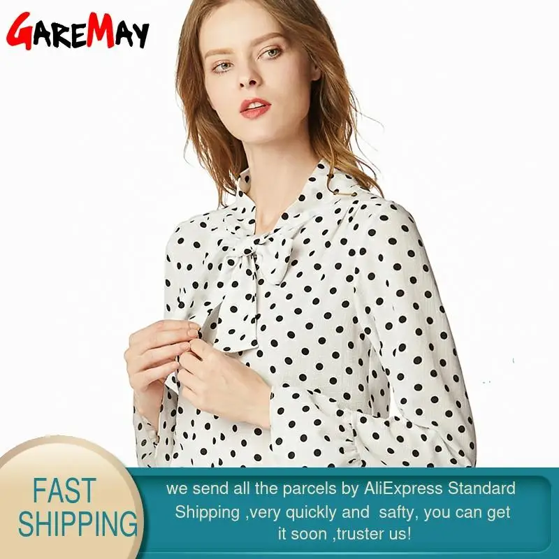 Женская шифоновая блузка в горошек с длинным рукавом и бантом|Блузки| |