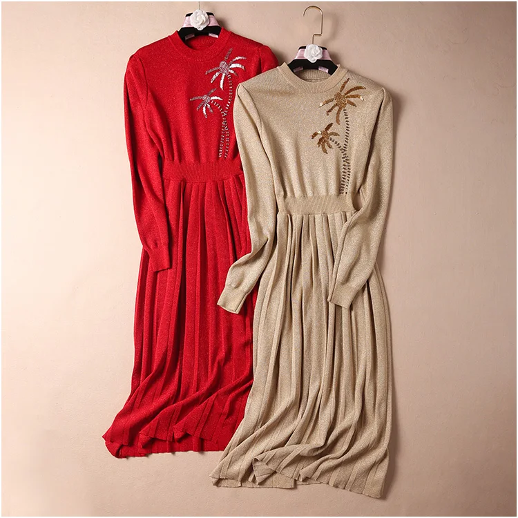 Женский шерстяной кашемировый вязаный свитер вечернее платье Ночная люрекс с длинным рукавом и отделкой из бус плиссированные элегантные платья до середины икры красные осенние