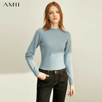 

Amii Minimalist Knit Sweater Autumn Casual Solid Slim Fit Round Neck Winter Female Pullover Tops 11930314