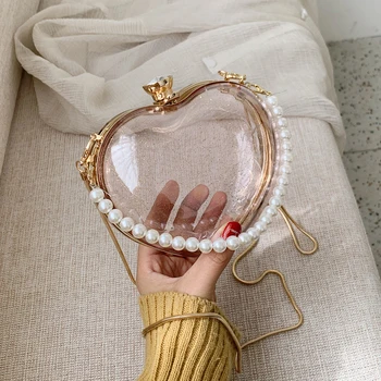 

Transparent Heart-shaped Pearl Tote bag 2020 Summer New Quality PVC Women's Handbag Diamond Lock Chain Shoulder Messenger Bag