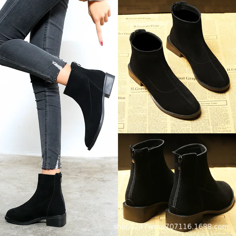 

2018 Genuine Leather Autumn And Winter New Style Dull Polish Cowhide Comfortable Square Root Semi-high Heeled round-Toe after Zi