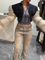 Contraste preto engrossar design recortado puffer casaco de vendas roupas femininas inverno 2022 manga alargamento acolchoado casaco o norte