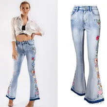 Осенние зимние джинсы женские с вышитыми цветами Высокая талия стрейч джинсы пуш-ап клеш Брюки-клёш облегающие брюки женские брюки