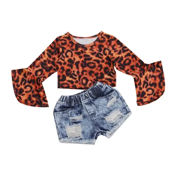 

1-5Y Fashion Toddler Kids Baby Girl Clothes Sets Leopard Print Flare Long Sleeve Top T-shirt Bottom Denim Shorts Outfit