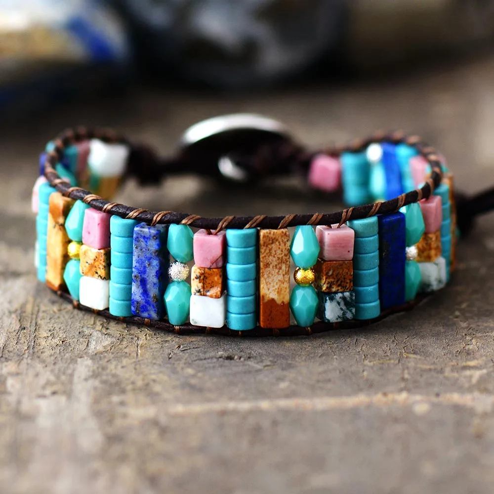 Браслет Boho из натуральных бусин один кожаный браслет полудрагоценные камни