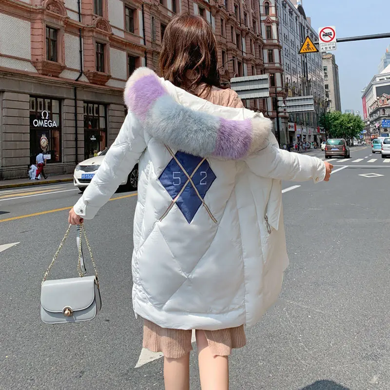 

2019 Fashion Geometric Patterns Women Winter Jacket Letter Design Warm Thicken Big Fur Collar Ladies Long Parka Womens Jackets