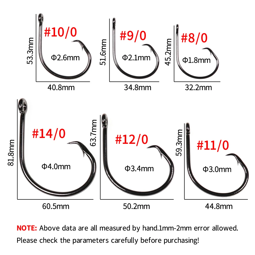 Bimoo 8/0 - 14/0 Thick Wire Saltwater Fishing Circle Hook High Carbon Steel  Big Game Trolling Tuna Shark Hook