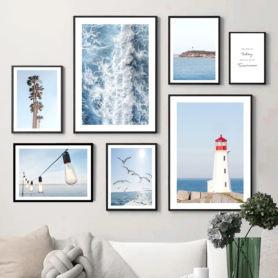 Ocean Lighthouse Palm Tree Bird Landscape Wall Art Canvas Painting Nordic Posters And Prints Wall Pictures For Living Room Decor