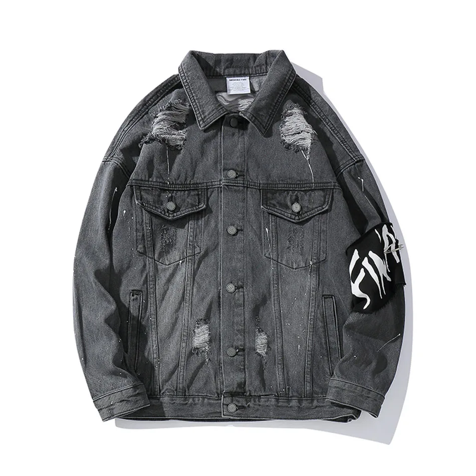 Харадзюку, Мужская Уличная джинсовая куртка с дырками и ручным принтом, Мужская однотонная ветровка в стиле хип-хоп, джинсовая куртка-бомбер, свободная куртка - Цвет: PIC COLOR2