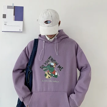 

2019 Autumn And Winter New Korean Version Of The Crocodile Cartoon PrintHoodedPlusVelvetThick Long-sleeved Casual Loose Pullover