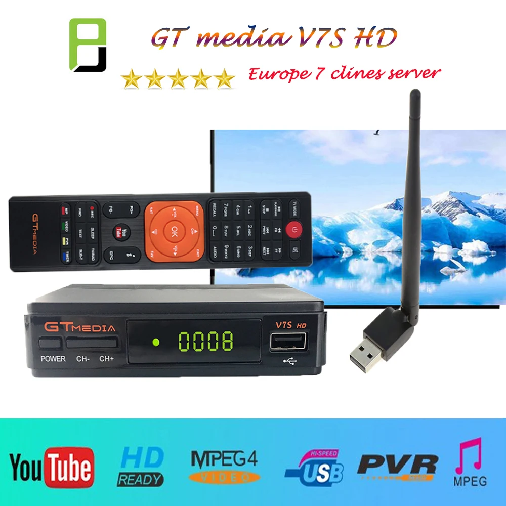 GTmedia V7s HD DVB-S DVB-S2 приемник спутниковый Wifi цифровая ТВ коробка DVB S2 DVBS2 1 год Испания CCCAM Youtube телеприставка