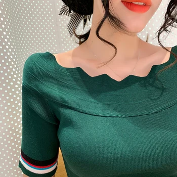 

Short sleeve knitted T-shirt women's wave one line collar tops summe slim ice silk shirt female girls sweater