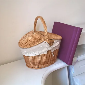 

New Handmade Woven Rattan Basket With Handle And Double Lids Camping Picnic Food Storage Container Organizer