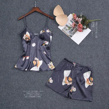 

Satin Nightwear Lady Print Pyjamas Intimate Lingerie Silky Strap Top&Shorts 2PCS Pajamas Suit Summer New Soft Pijamas Sleep Set