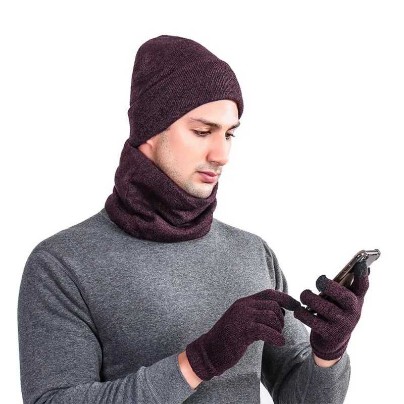 3pcs Knitted Hat Gloves Scarf Set For Men Winter Soft Warm Hiking Cap Scarves Sets Outdoor Gift