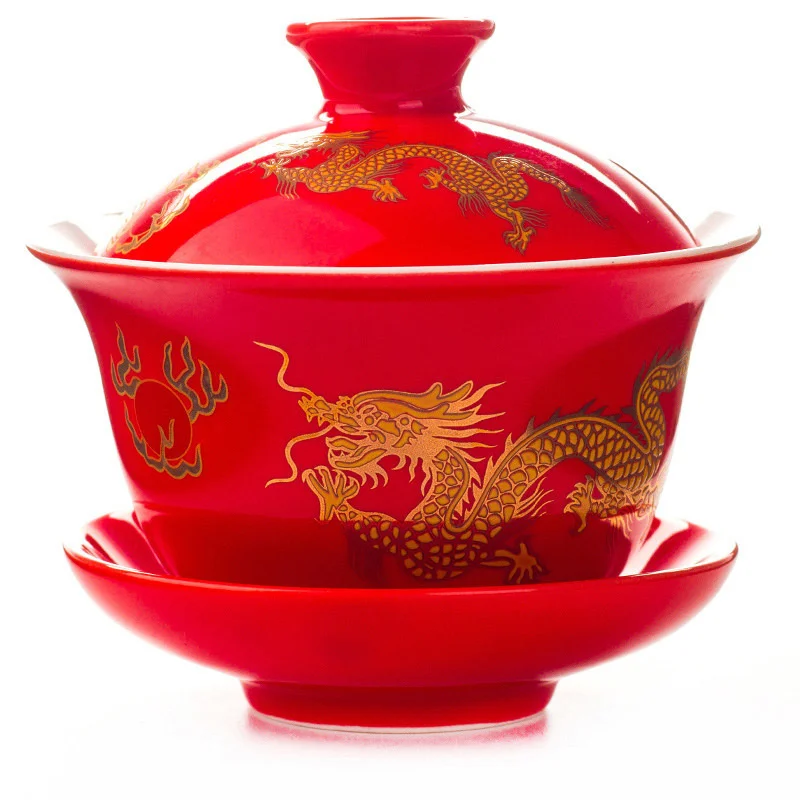 Hand Painted Red Dragon Gaiwan Tea Set Teaware,kung Fu Teacup Hand-painted Tea Bowl Set Gai Wan Bowl Porcelain Cup