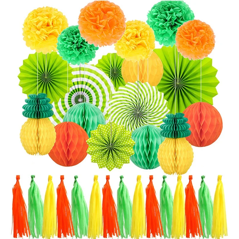34Pcs Party Decorations Paper Fans Paper Flower Ball Honeycomb Balls Set Pineapple Paper Tassel Wedding Birthday Events Festival