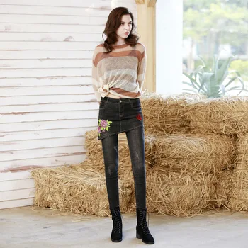 

Woman Jeans European Style Pencil Pants Woman Jeans Blue Black Floral Trouser Skinny Trouser