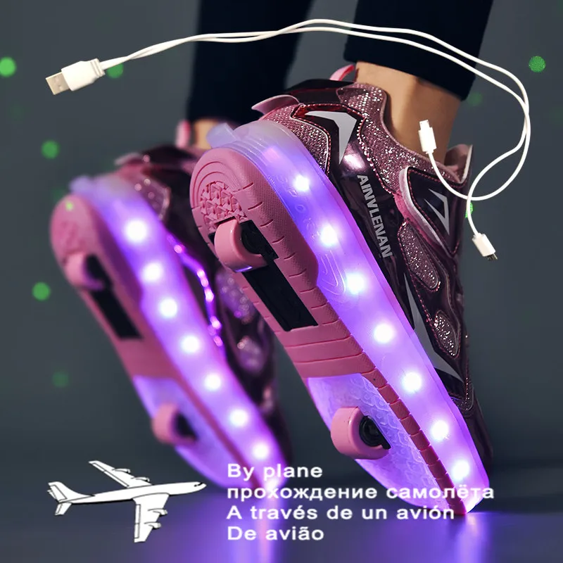 2021 New 27-40 USB Charging Children Sneakers With 2 Wheels Girls Boys Led Shoes Kids Roller Skate | Детская одежда и обувь