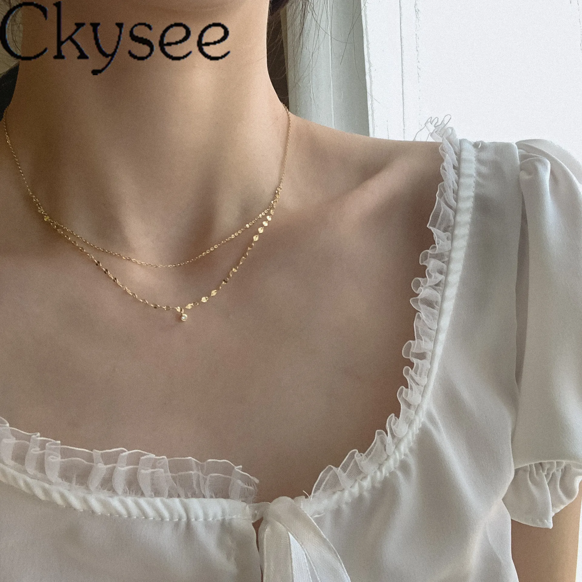 Ckysee News Серебряное ожерелье 925 пробы Двухслойное колье с хрустальной цепочкой для