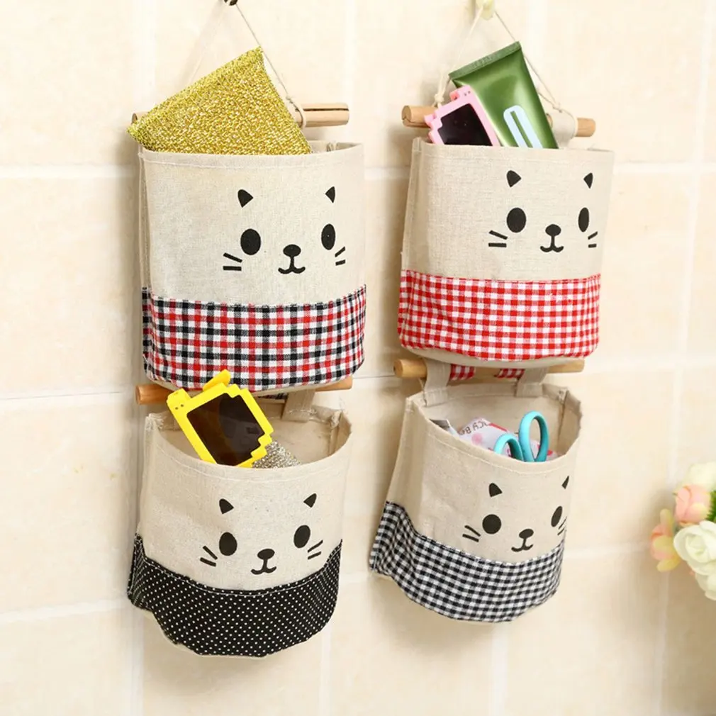 New Creative Cotton Linen Wall Hanging Storage Bag Fashion Plaid Organizers Pouch Debris Storage Bag for Bedroom Bathroom