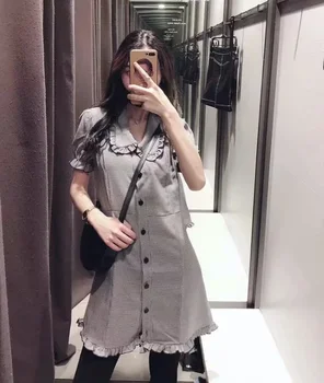 

Frdunnew women sexy Summer Dress Gray Color stripe Hot Europe and America red floral print ruffled row of beach strap dress
