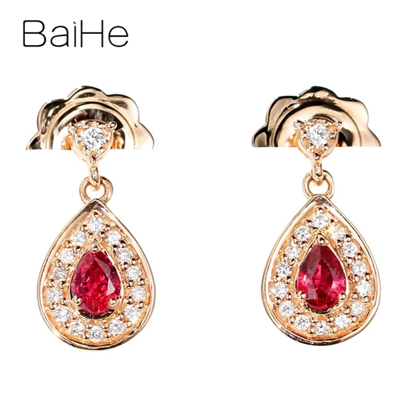BAIHE Solid 14K Rose Gold Total 0.24ct Wedding Pear Cut Genuine Natural Rubis Women Trendy Fine Jewelry Gift Stud Earrings