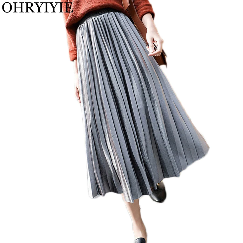 OHRYIYIE размера плюс 3XL элегантная миди длинная Плиссированная юбка Женская Осенняя зимняя модная Корейская женская бархатная юбка с высокой талией
