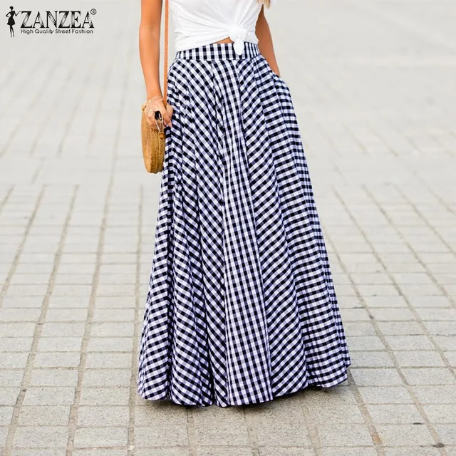 US $13.02 Plus Size 2020 Summer Women Retro Plaid Check Long Skirts ZANZEA Casual Pockets Faldas Pleated Skir