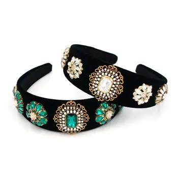 

Fioday Big Green Rhinestone Baroque Headbands for Women Black Padded Wide Fashion Headwear Bezel Hoops for Girls Hair Bands