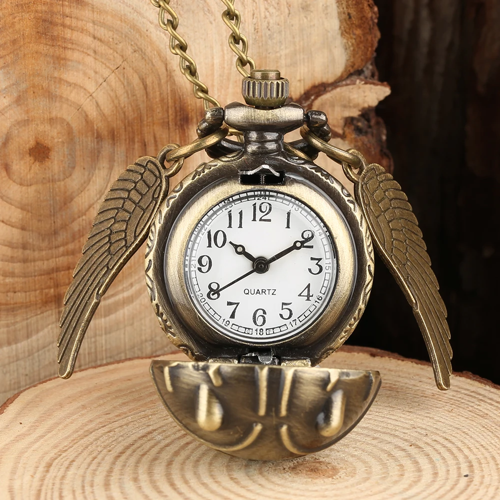 Antique Retro Ball Shaped Quartz Pocket Watch Fashion Sweater Angel Wings Necklace Chain Souvenir Gift for Men Women kids