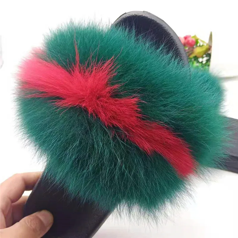 As shown Fur Slippers Women Fox Home Fluffy Sliders Comfort With Feathers Furry Summer Flats Sweet Ladies Shoes Size 45 Home Real fox fur - Цвет: As shown