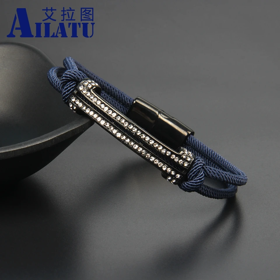 Ailatu, роскошная нержавеющая сталь, Cz, длинная пряжка-трубка, браслет для мужчин с темно-синими нитками, плетеная Мужская бижутерия, подарок на день рождения