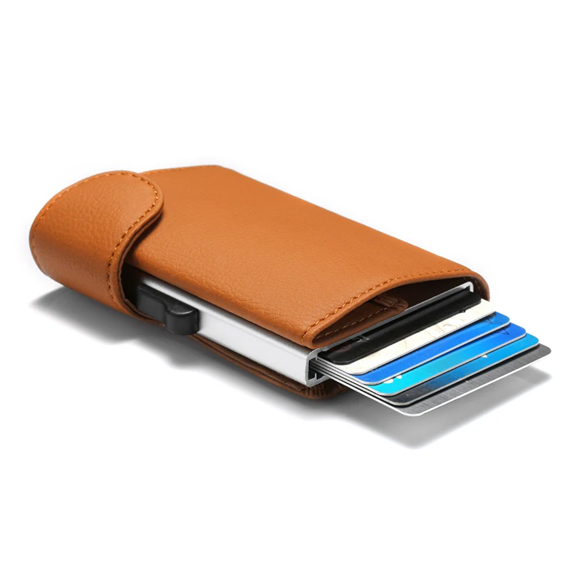 BYCOBECY Анти Rfid кредитный держатель для карт Чехол Мужской скользящий кожаный id держатель для карт банк Алюминиевый металлический кошелек сумка для кредитных карт popwallet - Color: S35 Light Brown