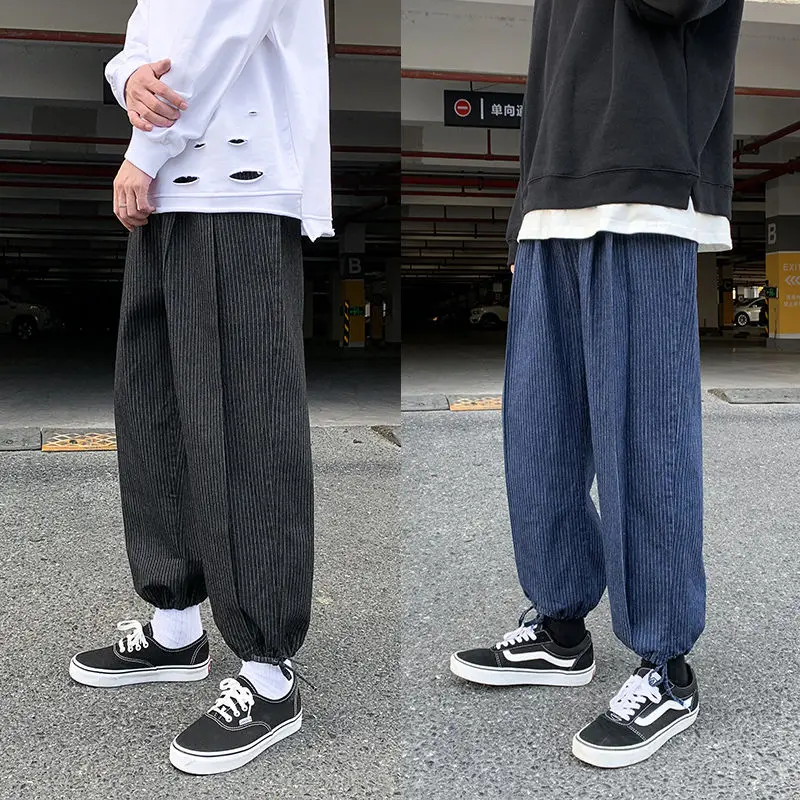 

Korean Striped Jeans Men's Fashion Retro Casual Drawstring Jeans Men Streetwear Loose Hip-hop Straight Denim Pants Mens S-2XL