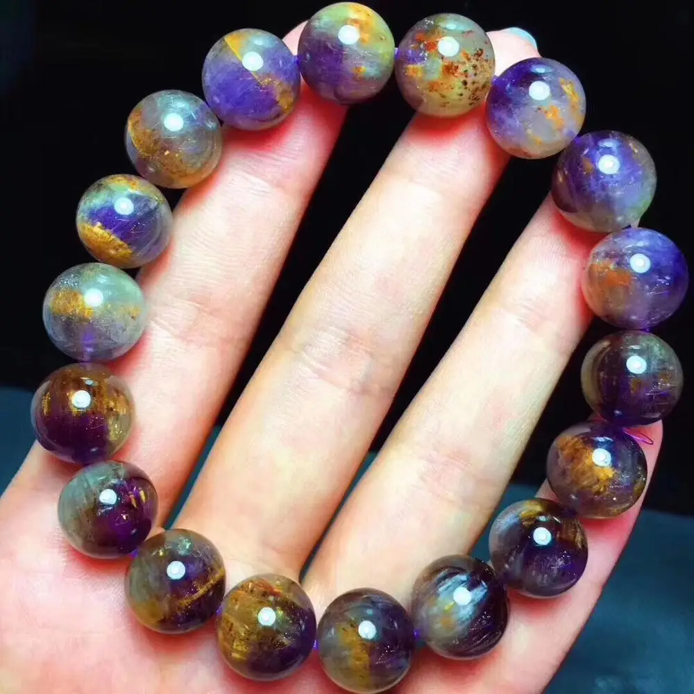 

11.5mm Top Natural Purple Rutilated Quartz Crystal Bracelet For Woman Man Energy Lucky Round Beads Stone Stretch Jewelry AAAAA