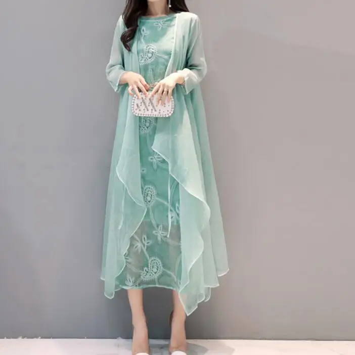Dress Suits Women Two Piece Sets With Jacket Chiffon Silk Vintage Embroidery Mother of The Bride Long Dresses Robe Wedding Wear