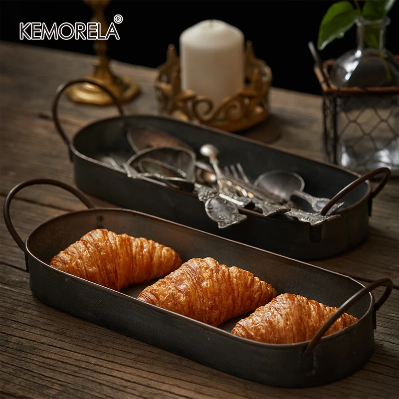 Vintage Metal Storage Tray storage tray kitchen tray bamboo organizer tray Retro Dessert Fruit Cake Bread Plate with Handle Home Kitchen Food Organizer Desktop Sundries Tray