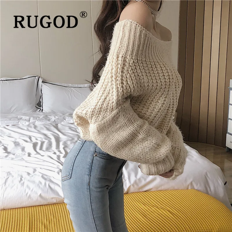 RUGOD корейский стиль Шикарный вырез лодочкой с открытыми плечами приталенный укороченный свитер сплошной цвет рукав летучая мышь пуловер